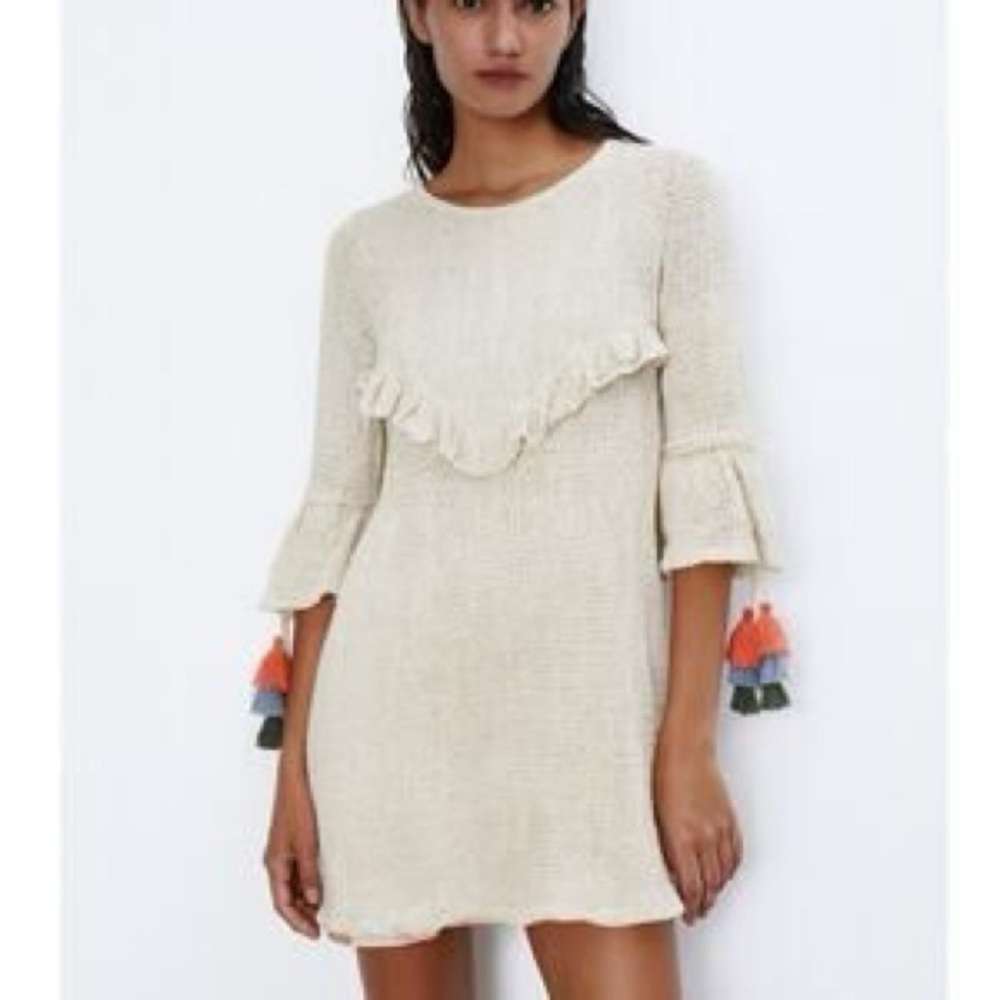 Zara Cream Mini Dress with Ruffle‎ and Tassel Accents Size Large